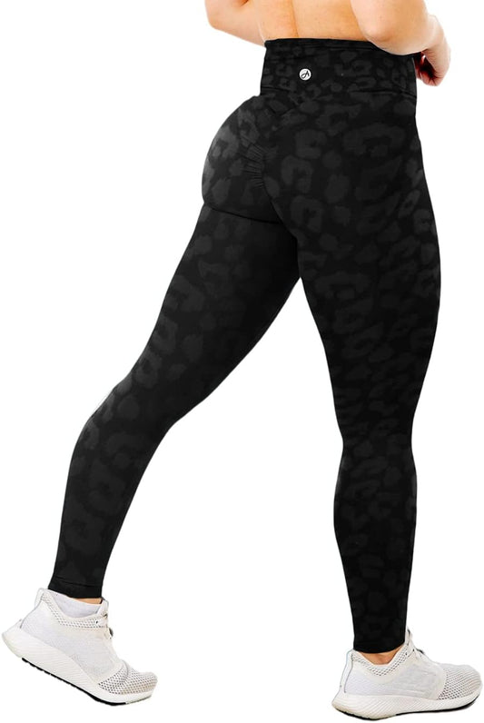 Women'S Booty Scrunch Workout Sports Leggings Butt Lifting Ruched Yoga Pants with Pockets (Leopard, Medium)