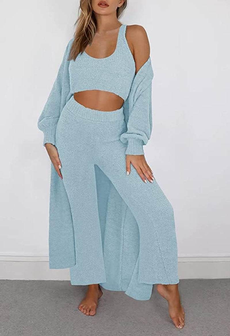 Women'S Fuzzy 3 Piece Sweatsuit Open Front Cardigan Crop Tank Tops Wide Legs Pants Lounge Sets