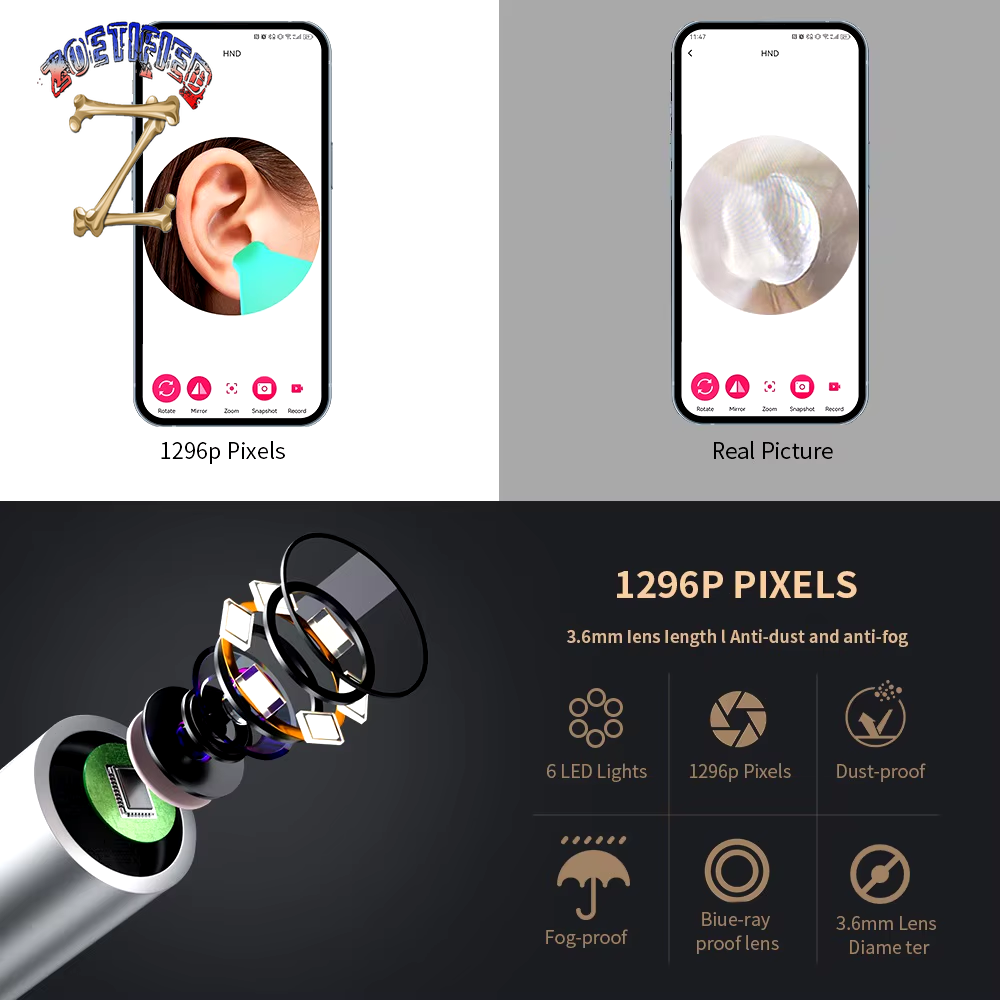 Smart Visual Ear Cleaner with Camera 1296P Ear Sticks USB C Charging Ear Wax Removal Tool WIFI Connection 6 LED Lights Earpick