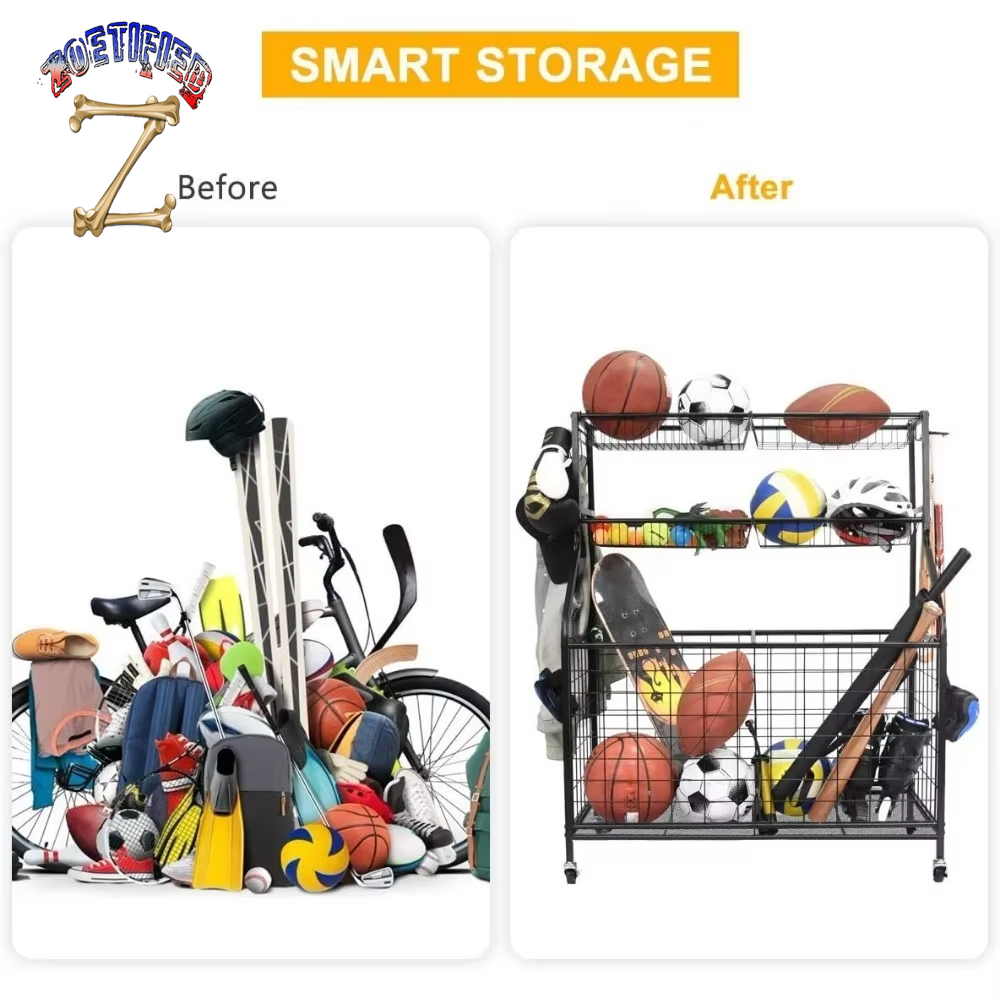 Sports Equipment Organizer, Ball Storage Rack, Garage Ball Storage, Sports Gear Storage, Rolling Sports Ball Storage Cart