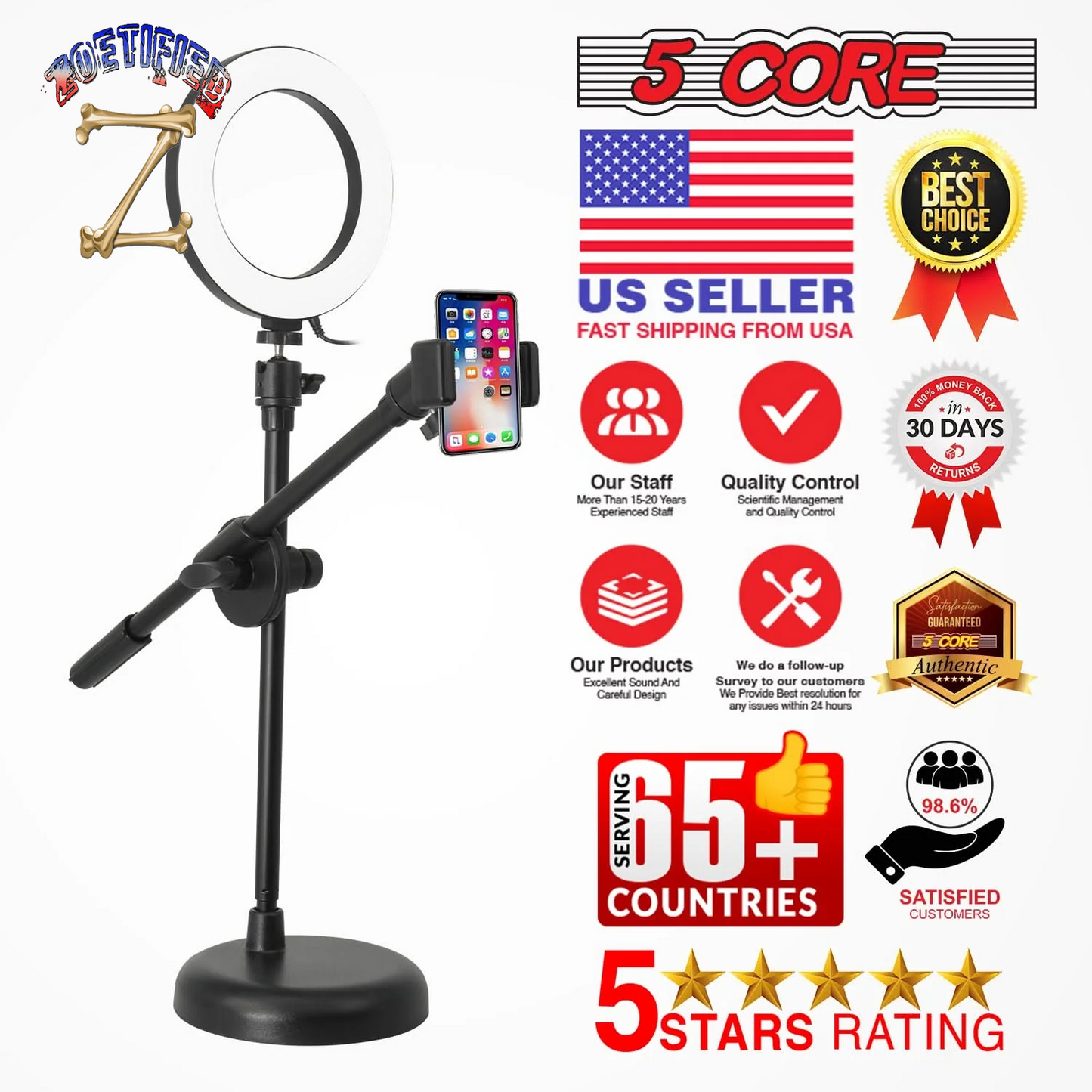 5Core 6 Inch Ring Light + Cell Phone Stand Adjustable Ringlight LED W Phone Holder