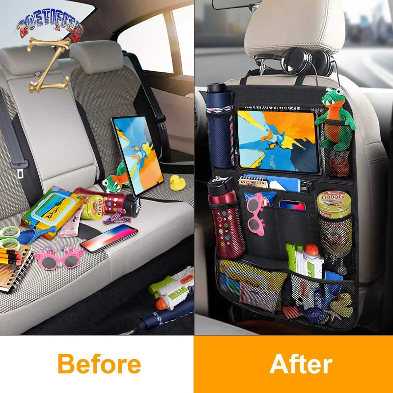 Car Back Seat Organizer with Touch Screen Tablet Holder Automatic Storage Pocket Protector for Travel