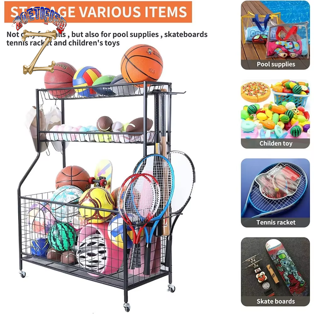 Sports Equipment Organizer, Ball Storage Rack, Garage Ball Storage, Sports Gear Storage, Rolling Sports Ball Storage Cart