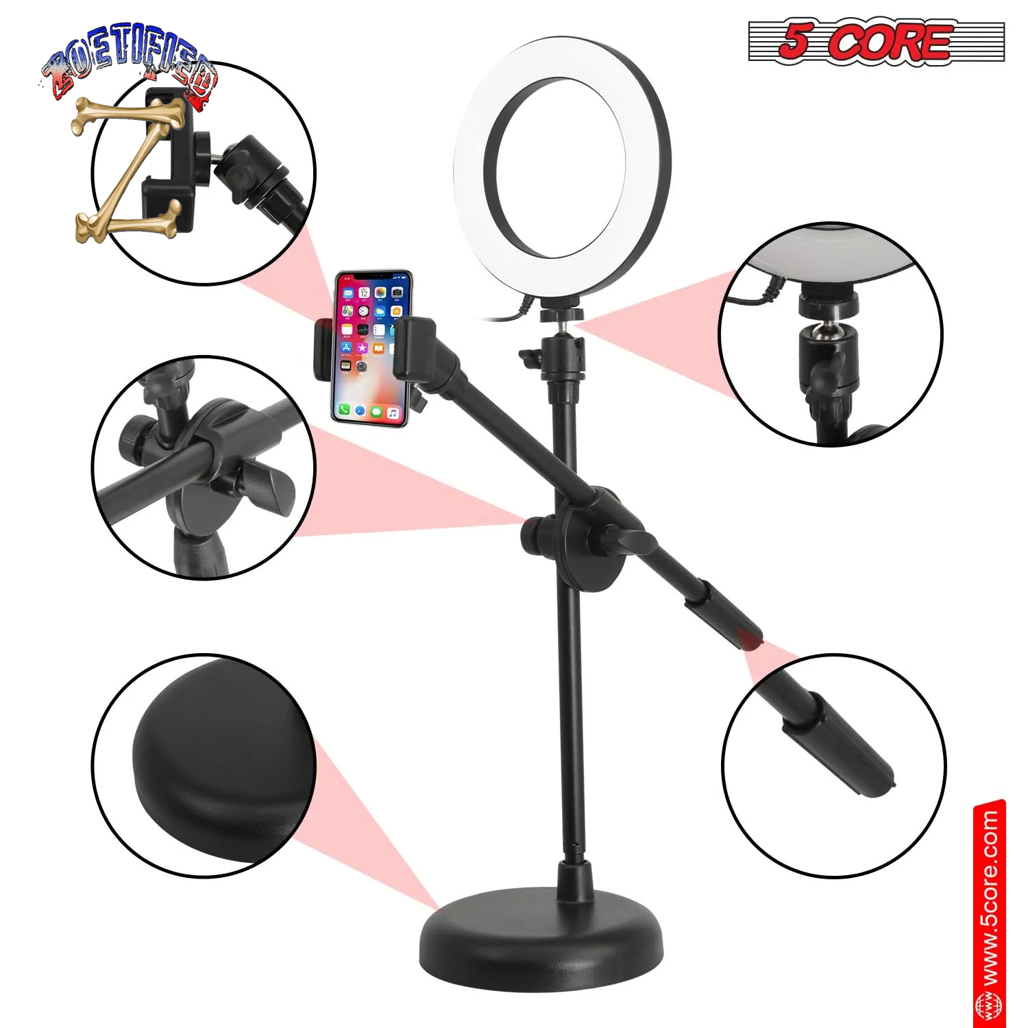 5Core 6 Inch Ring Light + Cell Phone Stand Adjustable Ringlight LED W Phone Holder