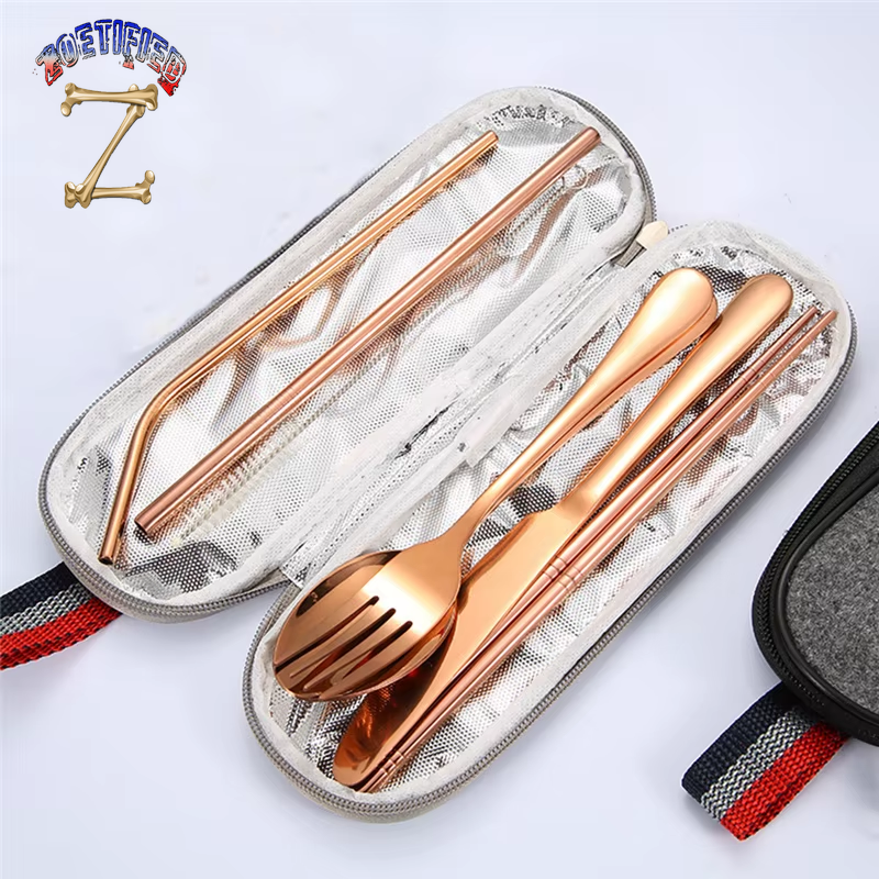 8Pcs/Set Tableware Reusable Travel Cutlery Set Camp Utensils Set with Stainless Steel Spoon Fork Chopsticks Straw Portable Case