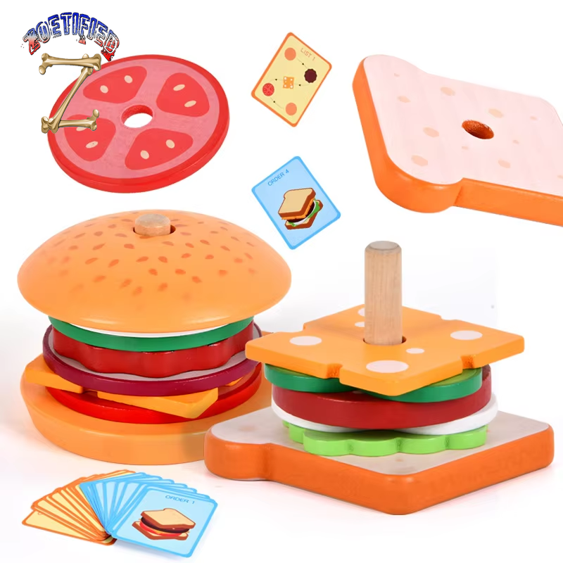 Wooden Hamburg Sandwich Stacking Toys for Toddlers and Kids Montessori Preschool Educational Toys Fine Motor Skill Kitchen Toy