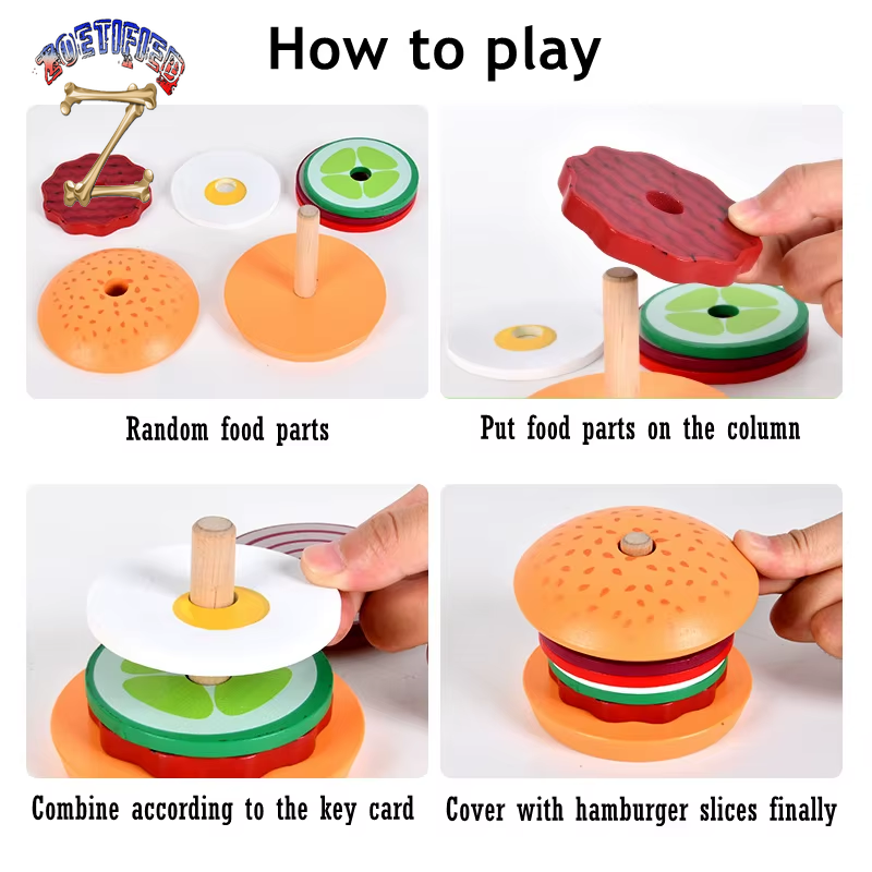 Wooden Hamburg Sandwich Stacking Toys for Toddlers and Kids Montessori Preschool Educational Toys Fine Motor Skill Kitchen Toy