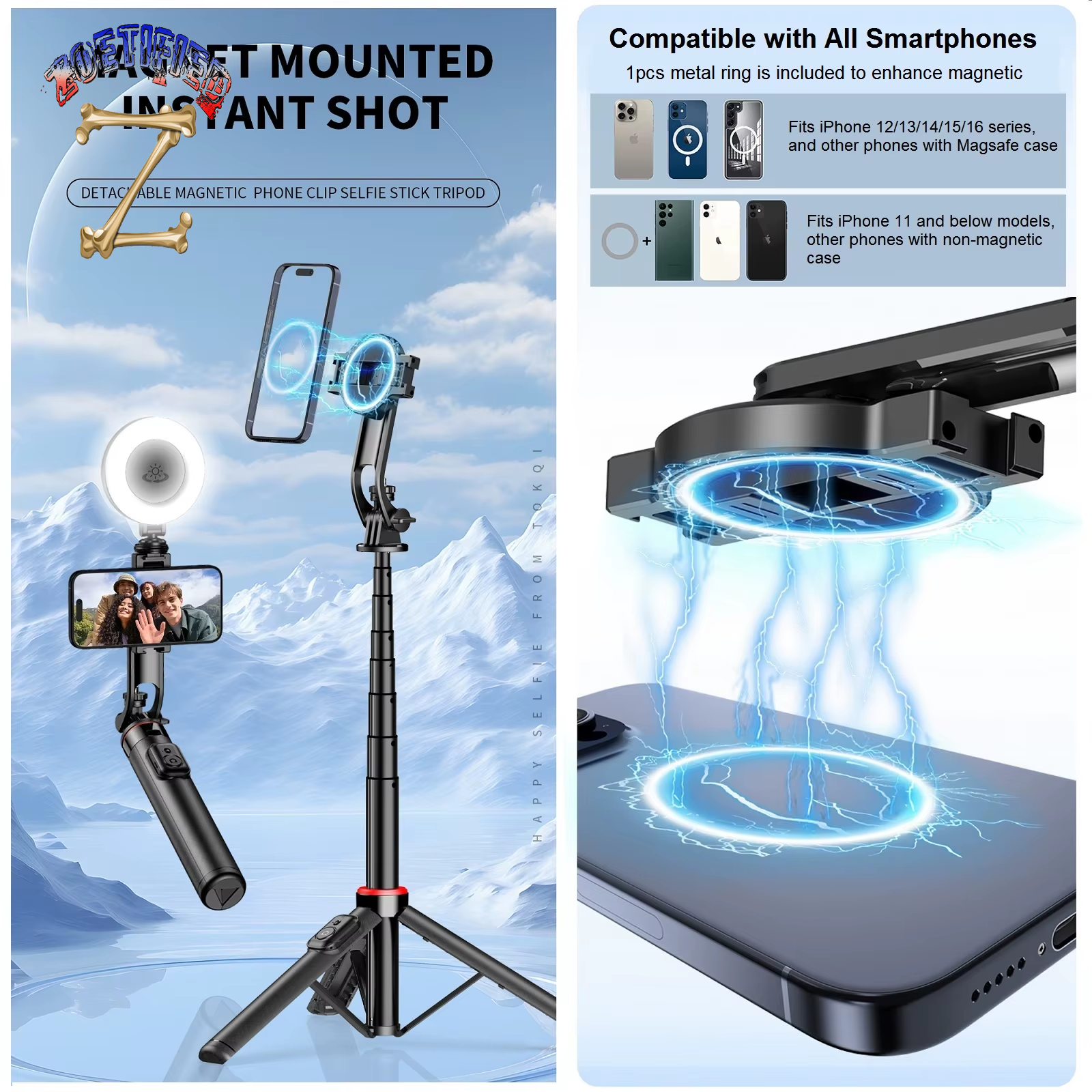 Magnetic Selfie Stick Tripod for Iphone, 51" Phone Tripod Stand Compatible with Magsafe Travel Tripod for Iphone Android Phones