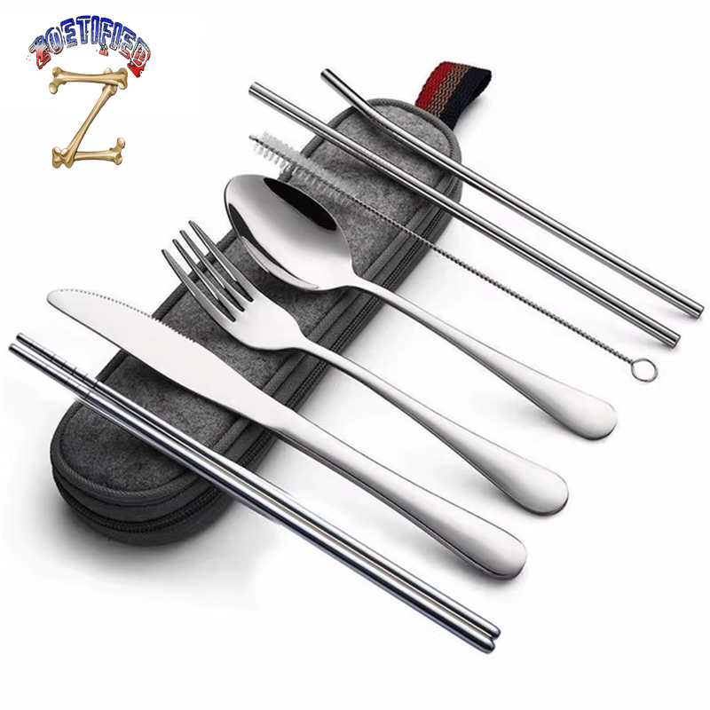 8Pcs/Set Tableware Reusable Travel Cutlery Set Camp Utensils Set with Stainless Steel Spoon Fork Chopsticks Straw Portable Case