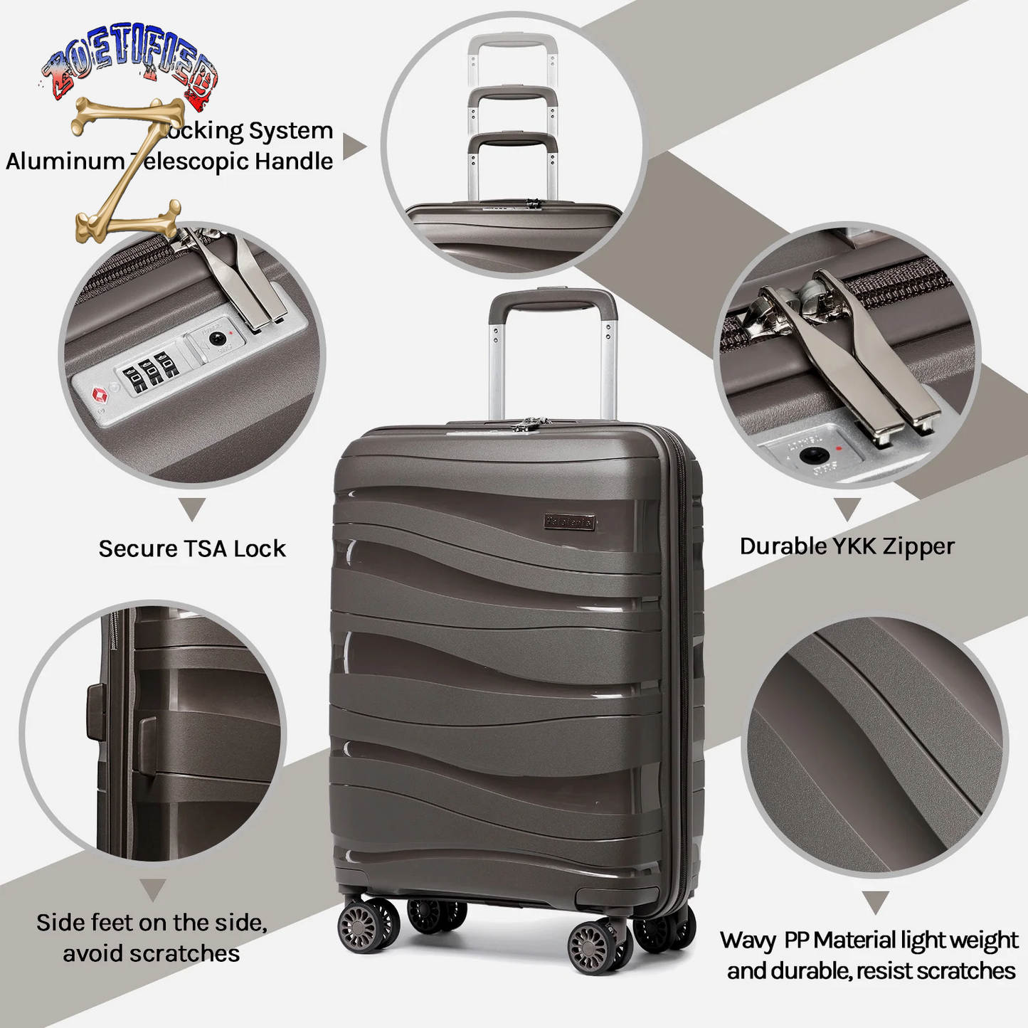 5 Piece Luggage Set PP Hardside Spinner Luggage - (Expandable Carry-On Suitcase20")( 24" 28")-Brown