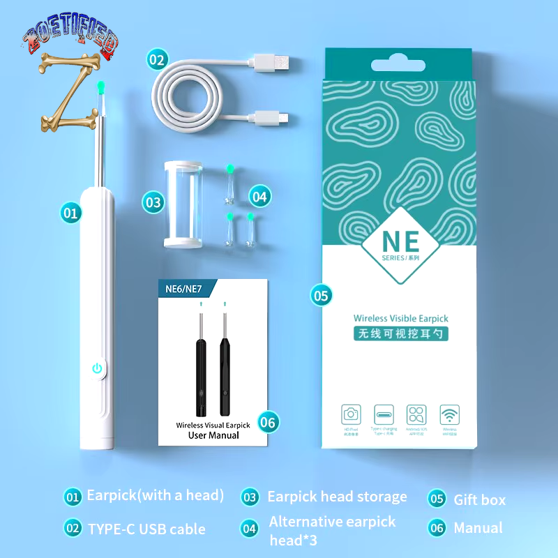 Smart Visual Ear Cleaner with Camera 1296P Ear Sticks USB C Charging Ear Wax Removal Tool WIFI Connection 6 LED Lights Earpick