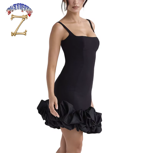 Sexy Robe Nightclub Women Black Sundress Spaghetti Strap Pleated Ruffle Hem Mini Dress Club Party Dresses