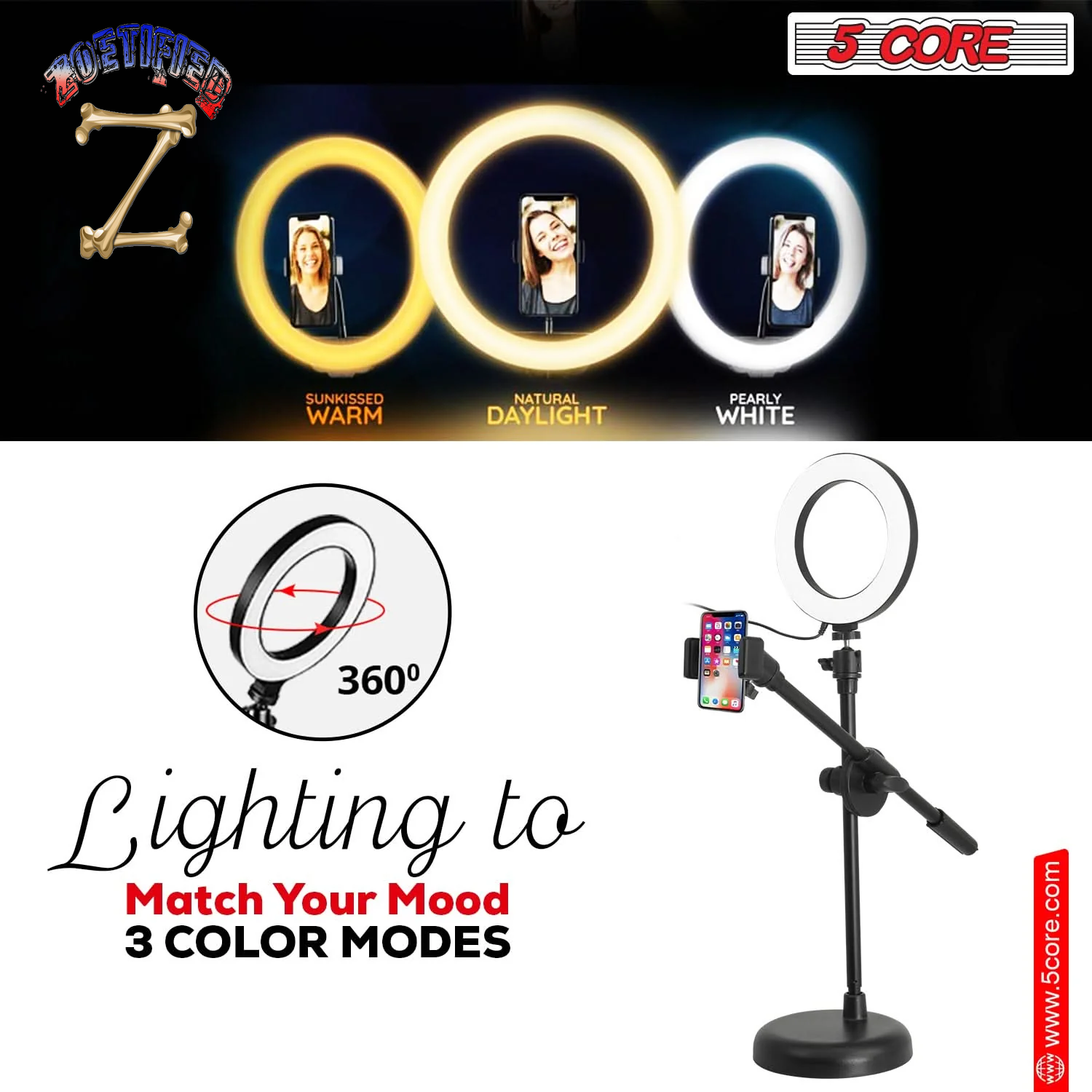 5Core 6 Inch Ring Light + Cell Phone Stand Adjustable Ringlight LED W Phone Holder