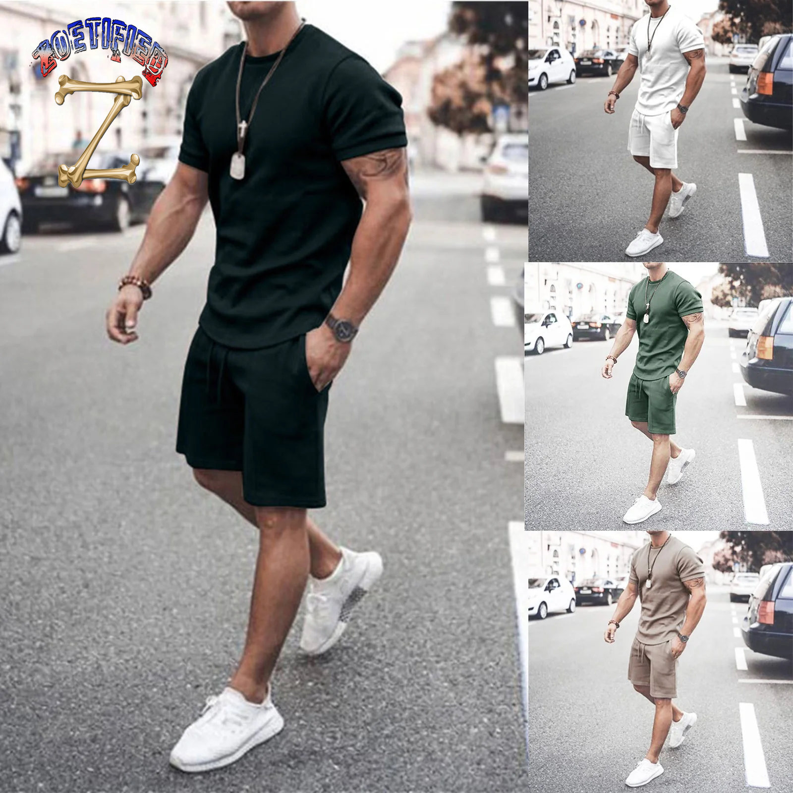 Men'S Short Sleeve T-Shirt and Shorts Set Sport Casual Crew Neck Muscle Sportswear 2 Piece Tracksuit Summer Outfits