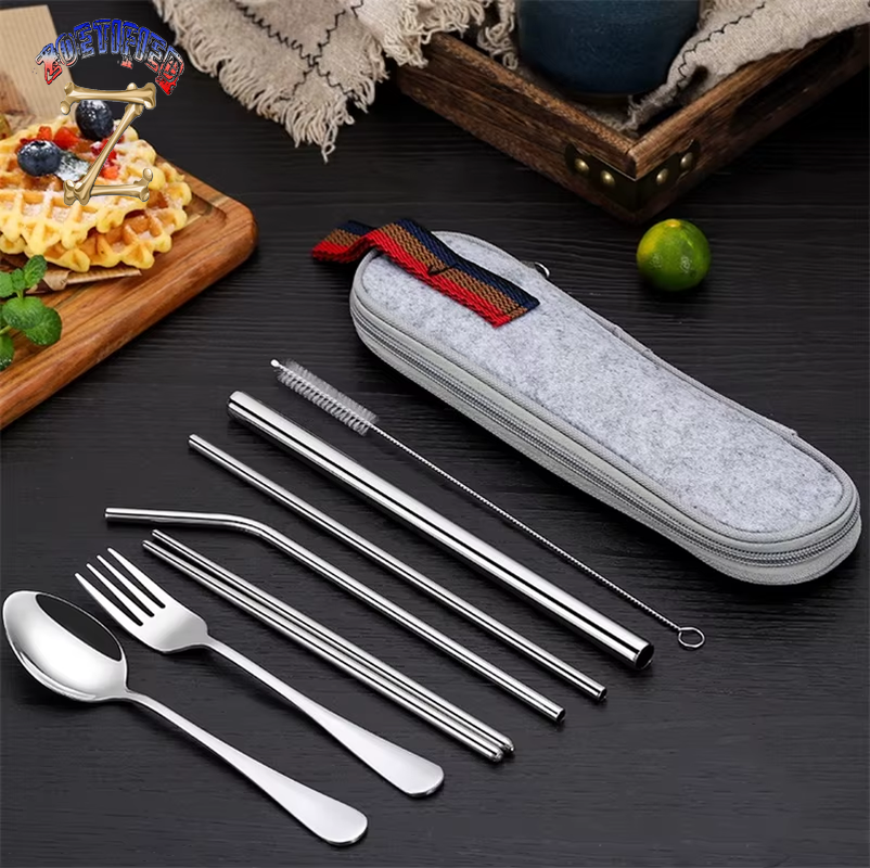 8Pcs/Set Tableware Reusable Travel Cutlery Set Camp Utensils Set with Stainless Steel Spoon Fork Chopsticks Straw Portable Case