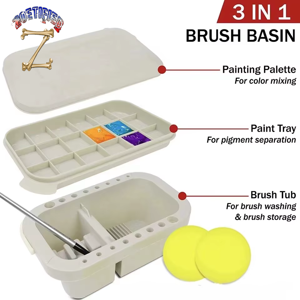 1 Set Paint Brush Cleaner Washer Multifunction Painting Brush Washing Bucket Tool Basin Holder Tray Palette Lid 2 Paint Sponges