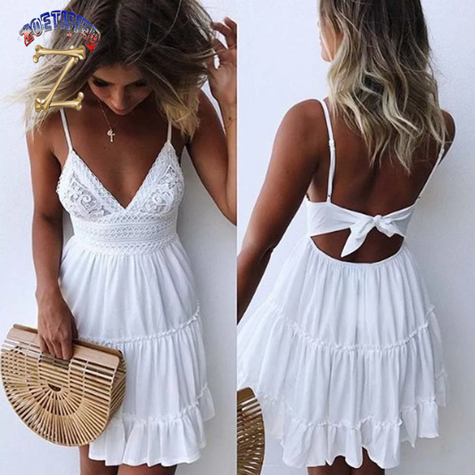 Summer Dress for Women Women Summer Backless Mini Dress White Evening Party Beach Dresses Sundress S Dresses Polyester White S