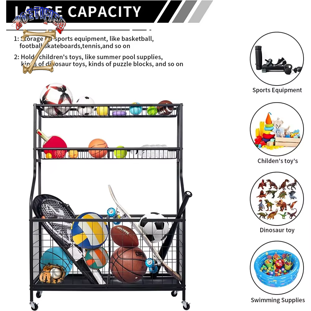 Sports Equipment Organizer, Ball Storage Rack, Garage Ball Storage, Sports Gear Storage, Rolling Sports Ball Storage Cart