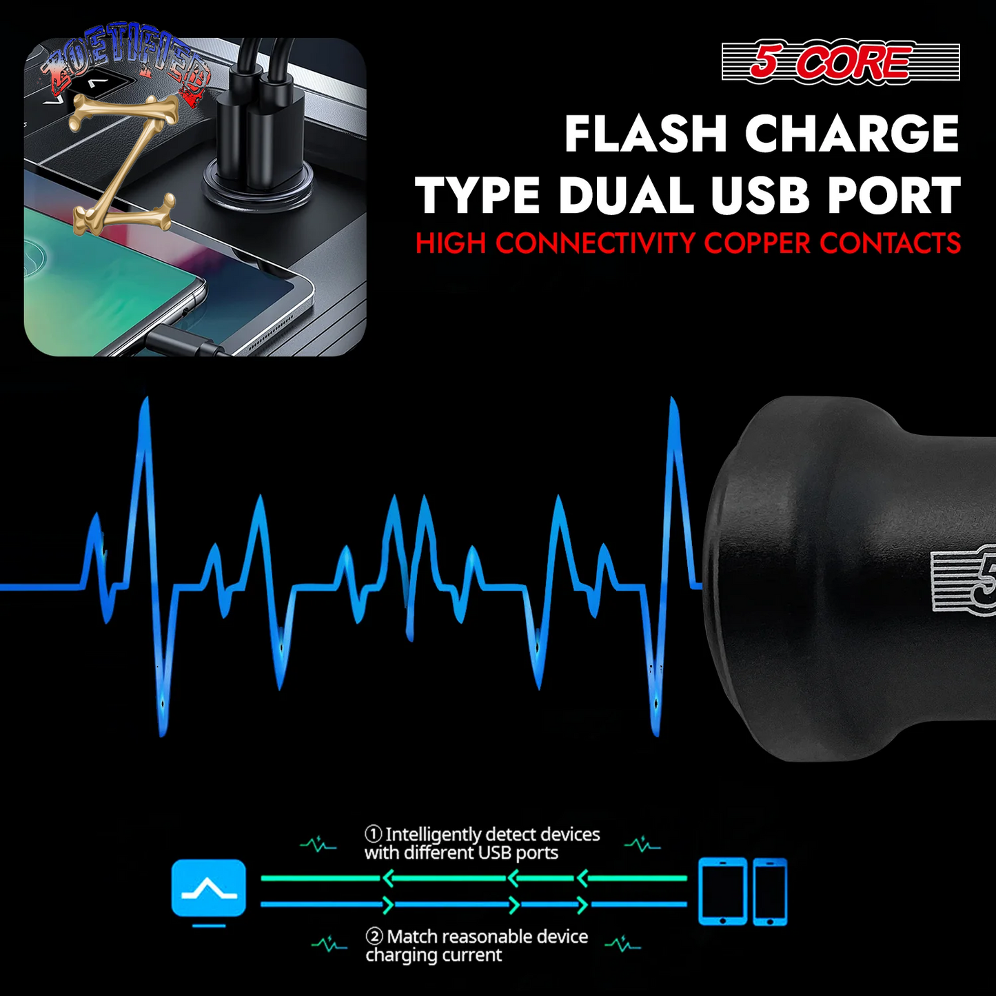 5 Core USB Car Charger Cigarette Lighter Adapter Dual USB Port Adapter 12/24 V Fast Charging