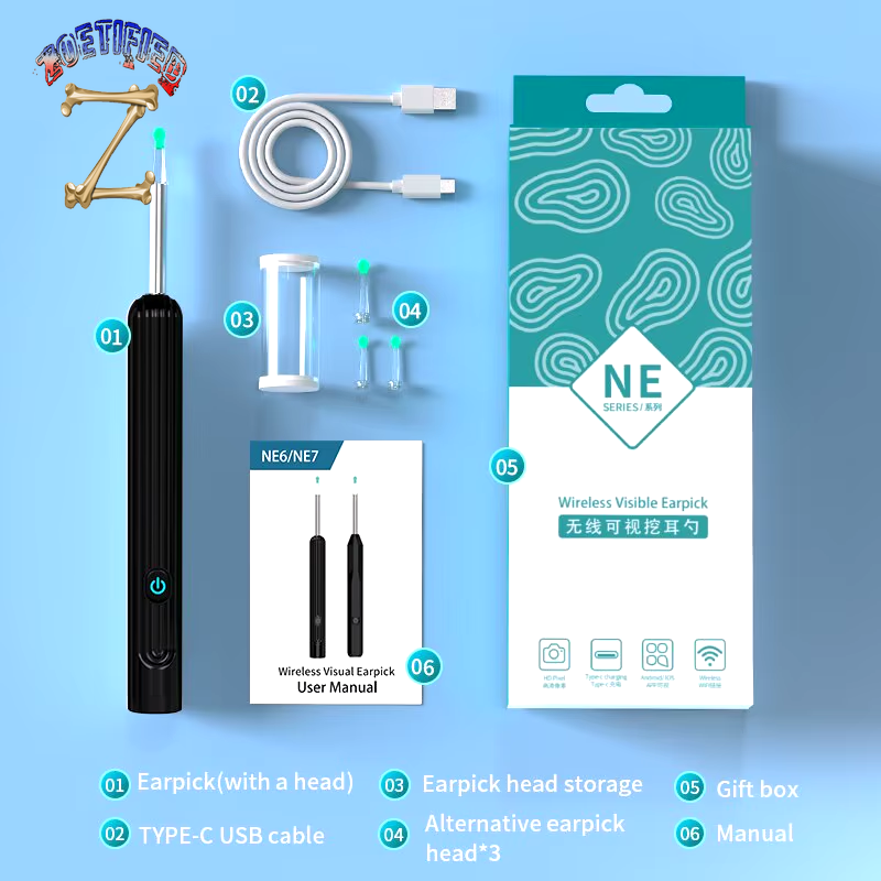 Smart Visual Ear Cleaner with Camera 1296P Ear Sticks USB C Charging Ear Wax Removal Tool WIFI Connection 6 LED Lights Earpick