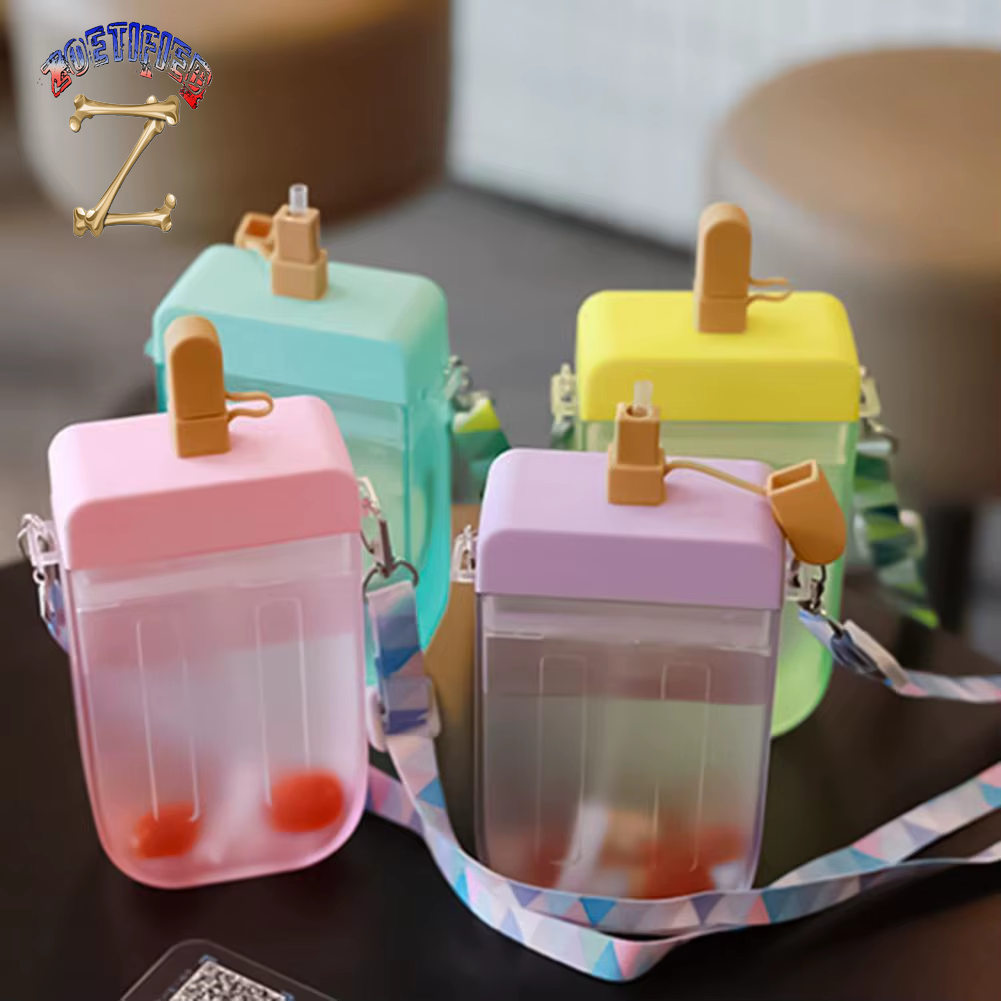 300ML Cute Straw Cup Popsicle Water Bottle Outdoor Juice Drinking Water Bottle Suitable for Adult Children with Rope