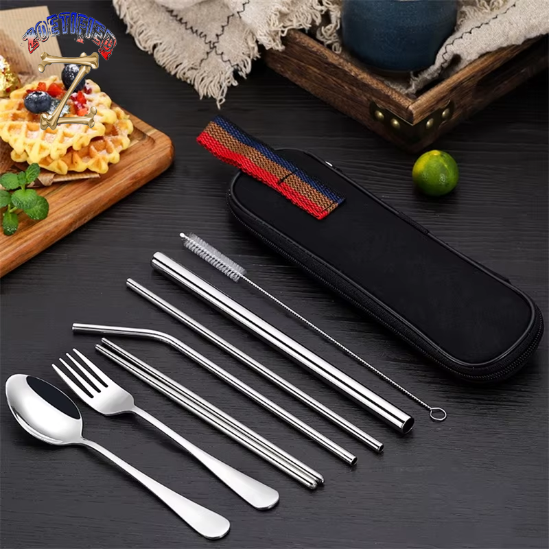 8Pcs/Set Tableware Reusable Travel Cutlery Set Camp Utensils Set with Stainless Steel Spoon Fork Chopsticks Straw Portable Case