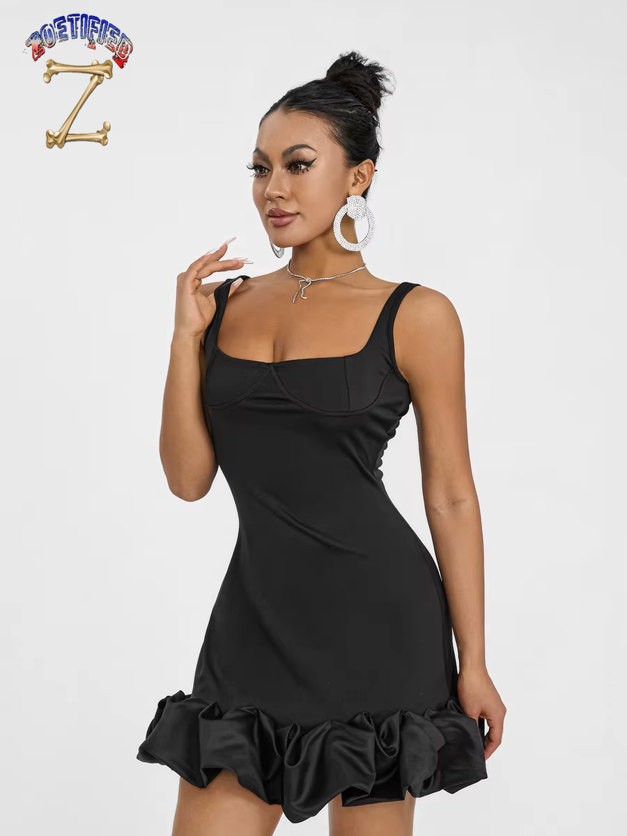 Sexy Robe Nightclub Women Black Sundress Spaghetti Strap Pleated Ruffle Hem Mini Dress Club Party Dresses