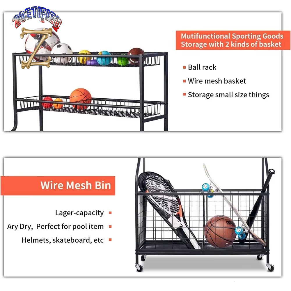 Sports Equipment Organizer, Ball Storage Rack, Garage Ball Storage, Sports Gear Storage, Rolling Sports Ball Storage Cart