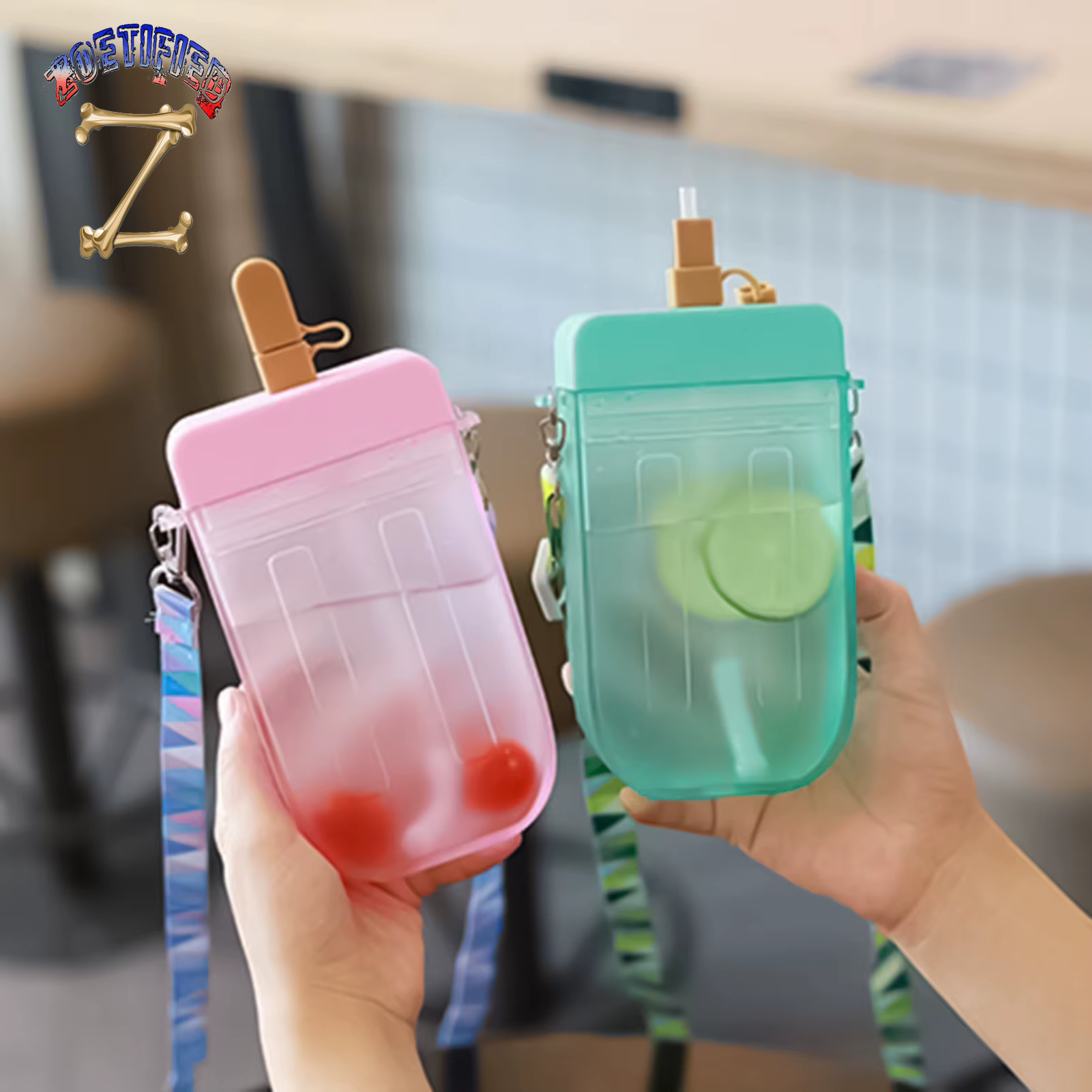 300ML Cute Straw Cup Popsicle Water Bottle Outdoor Juice Drinking Water Bottle Suitable for Adult Children with Rope