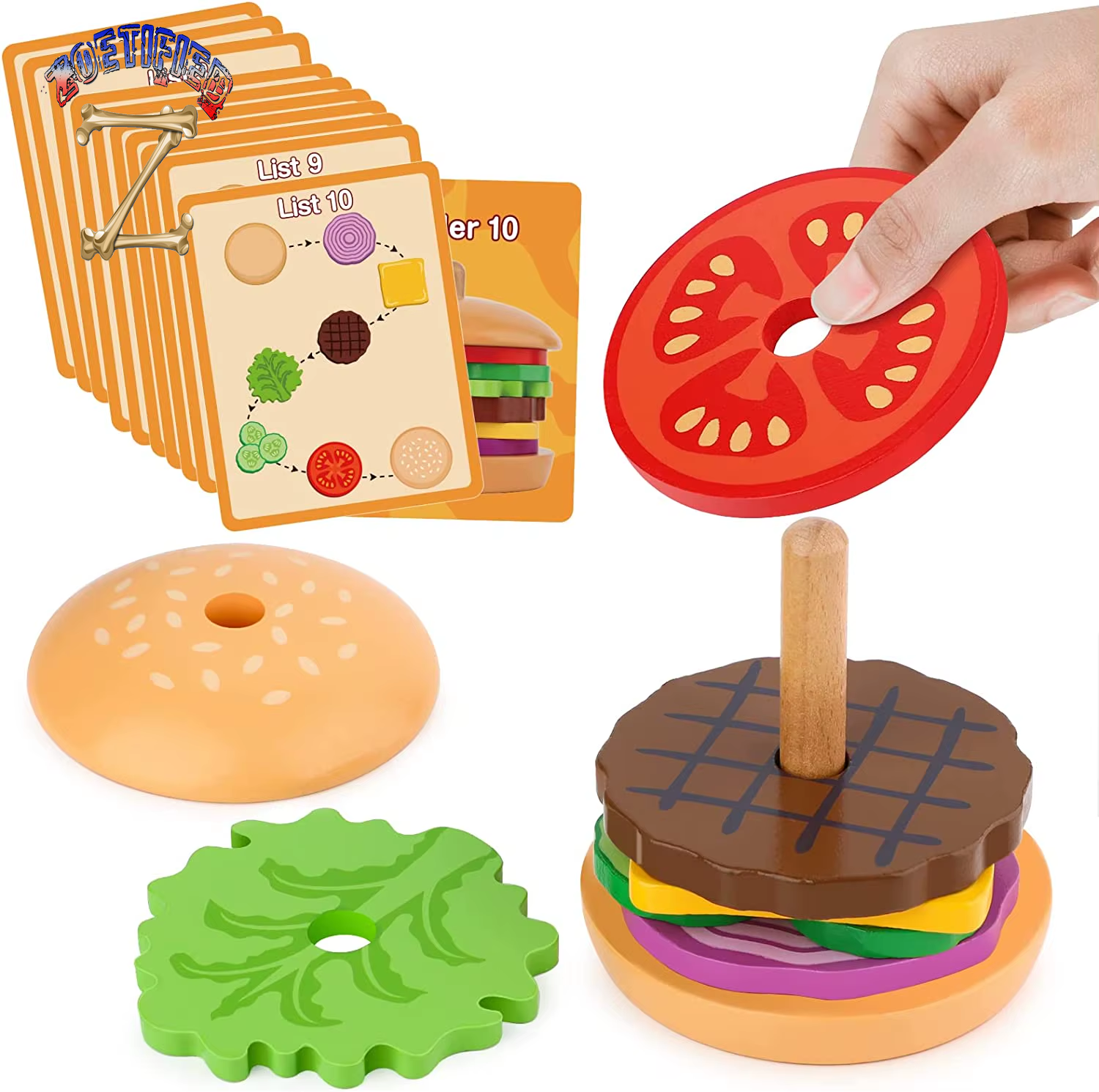 Wooden Hamburg Sandwich Stacking Toys for Toddlers and Kids Montessori Preschool Educational Toys Fine Motor Skill Kitchen Toy