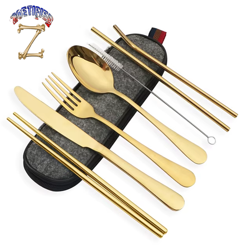 8Pcs/Set Tableware Reusable Travel Cutlery Set Camp Utensils Set with Stainless Steel Spoon Fork Chopsticks Straw Portable Case