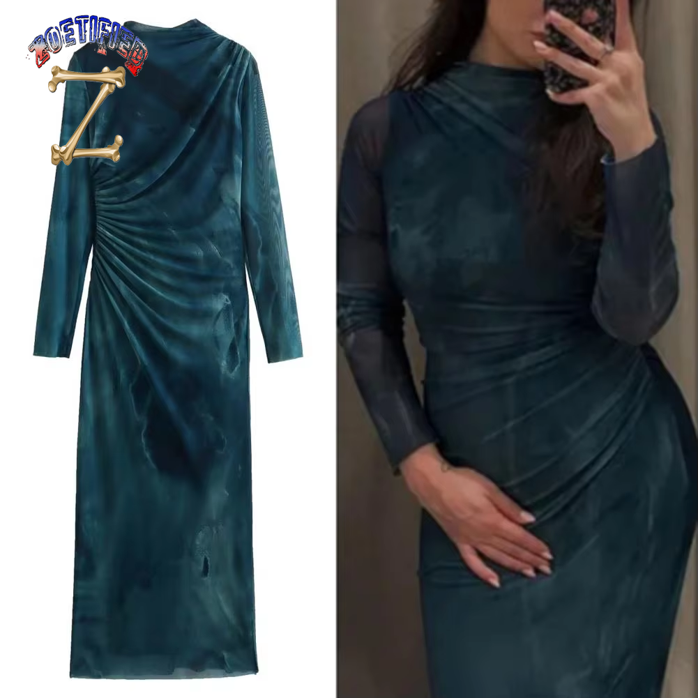 Fashionable Midi Skirt Dress Elegant Pleated Midi Dress for Women Slim Fit Solid Color Long Sleeve Dress with Half-High Collar